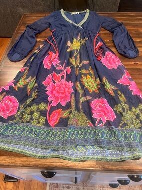 Anthropologie Navy Maxi Dress with Pink Floral Print Lilka